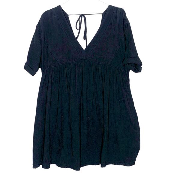 Entro Clothing L Solid Rolled Sleeve Basic Babydoll Dress Black V Neck Textured - Picture 1 of 11